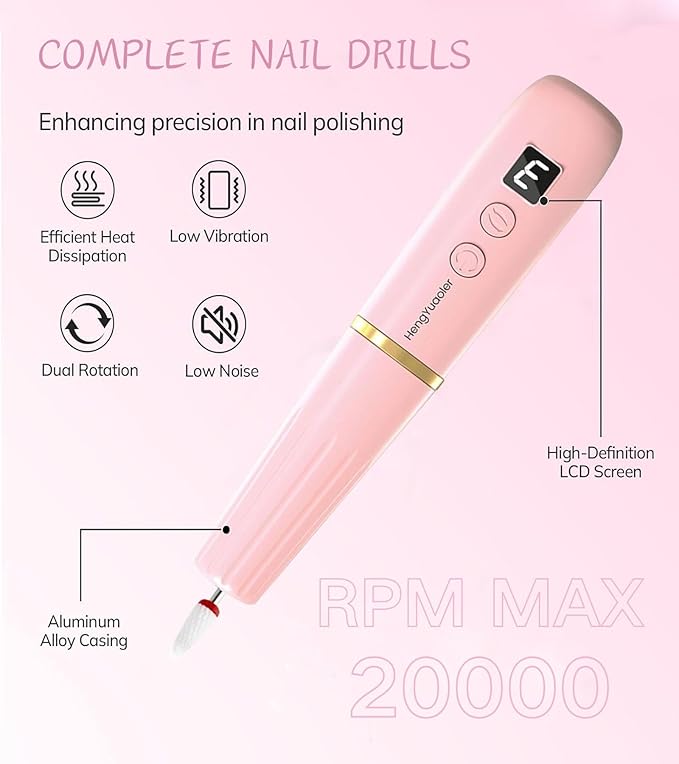 Electric Nail Drill Machine File Efile Set for Acrylic Gel Nails Portable Nail Drill Machine Kit Rechargeable Pedicure Tools for Hand Feet Manicure Pedicure Tools Polishing Set (Pink)