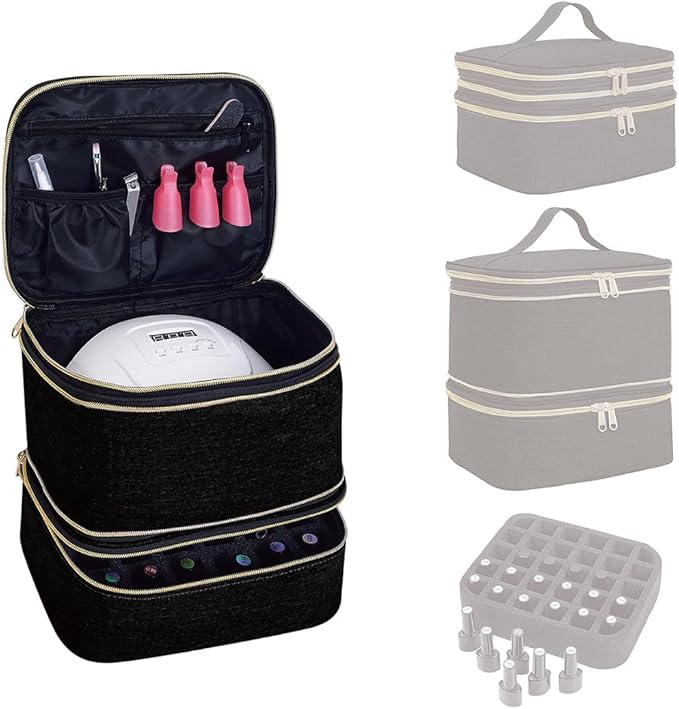 Nail Polish Organizer, Handheld Double Layer Nail Polish Storage with Adjustable Dividers, Holds 30 Bottles (15ml/0.5 fl.oz) for Nail Polish Lamp Manicure Tools and Essential Oil, Black