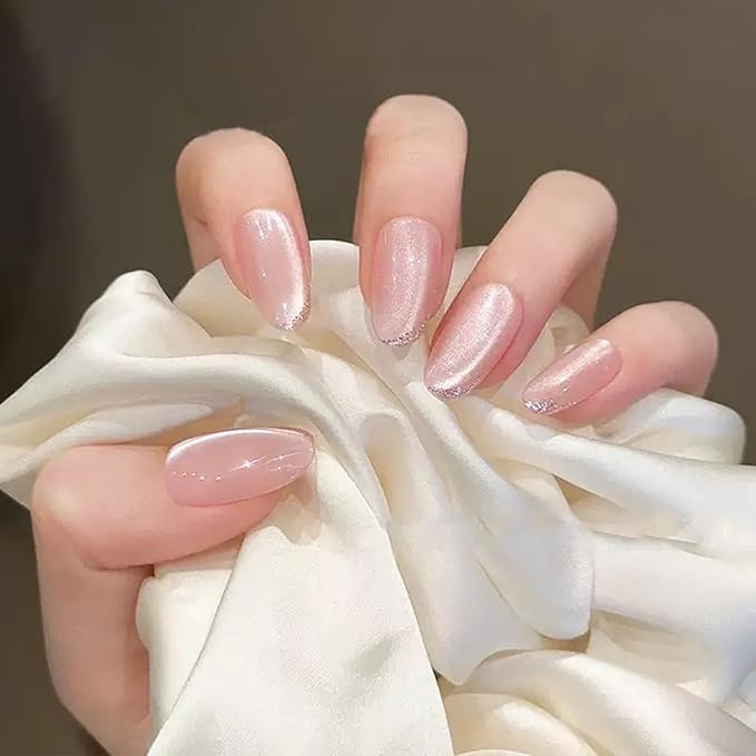 Nude Press on Nails Short Almond Fake Nails Cute Cat Eye False Nails Press ons with Design Chrome for Women Manicure,Glossy Finish | Reusable | Nail Kit with Jelly Adhesive Tabs | 24 Pcs