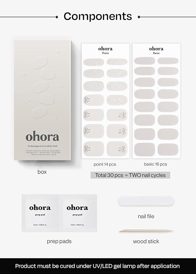 ohora Semi Cured Nail Strips (N Eternal Shine) - Works with Any UV/LED Lamps, Salon-Quality, Long Lasting, Easy to Apply & Remove - Includes 2 Prep Pads, Nail File & Wooden Stick