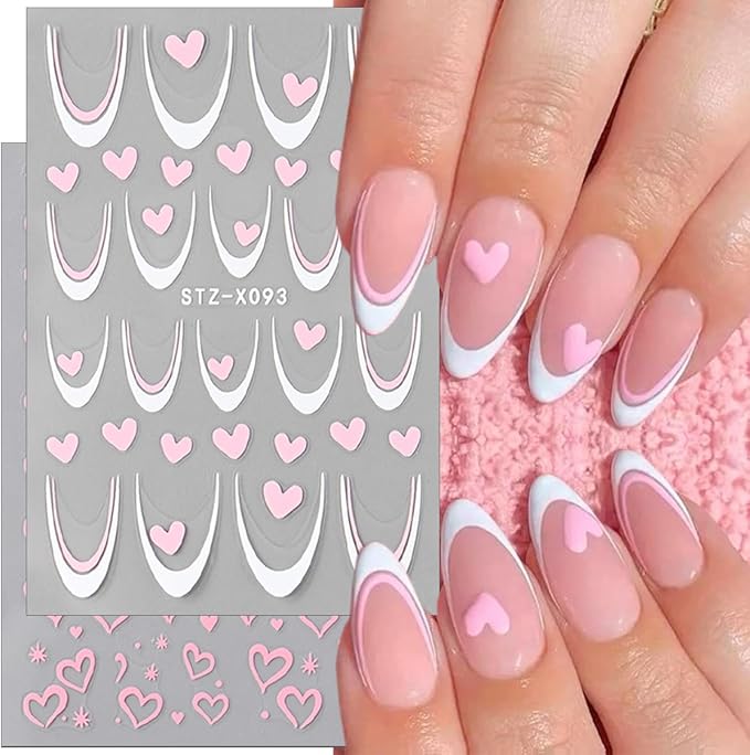 6 Sheets Valentines Nail Art Stickers Sparkling Heart Nail Decals 3D Self-Adhesive Red Heart English Letter Nail Designs French Lines Nails Stickers for Women Romantic Valentine's Holiday Nails Decor