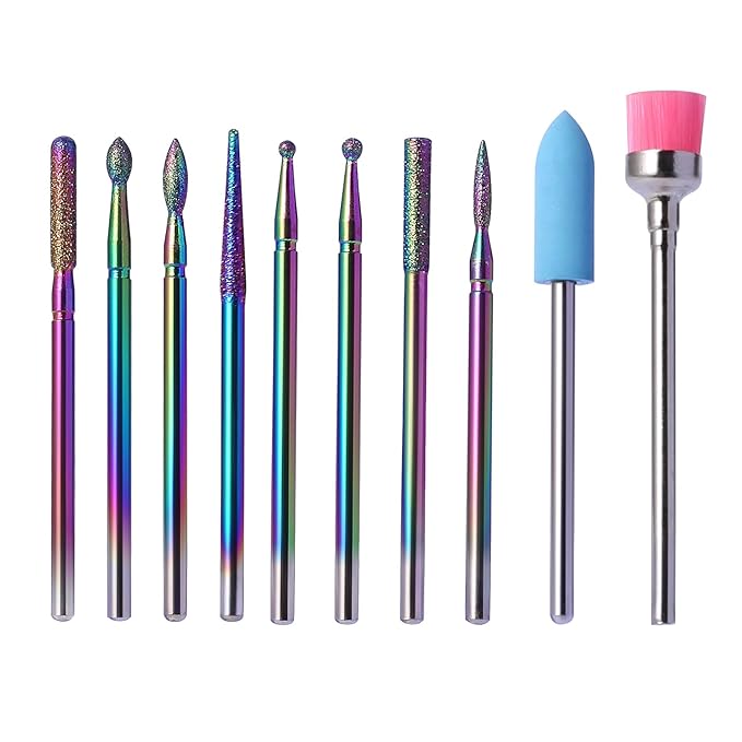 Rainbow Diamond Cuticle Bit Set for Nail Drill - 10Pcs 3/32" Nail Prep Bits with Flame Ball Needle Bit, Safety Silicone Buffer & Cleaning Brush for Beginner