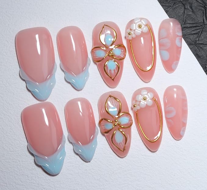 10 Medium Almond Handmade Press On Nails | Light Pink & Baby Blue Ombre Fake Nails with 3D Floral, Gold Rim & Marble Accents | Reusable, Easy Apply Salon Quality (251218, S)