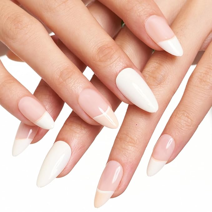 GLAMERMAID Creamy White Press on Nails Medium Almond, Nude Pink Beige Crush Jelly Gel False Nals, French Tip Stiletto Glue on Nails Kit for Women, Short Oval Stick on Acrylic Fake Nails Manicure Set