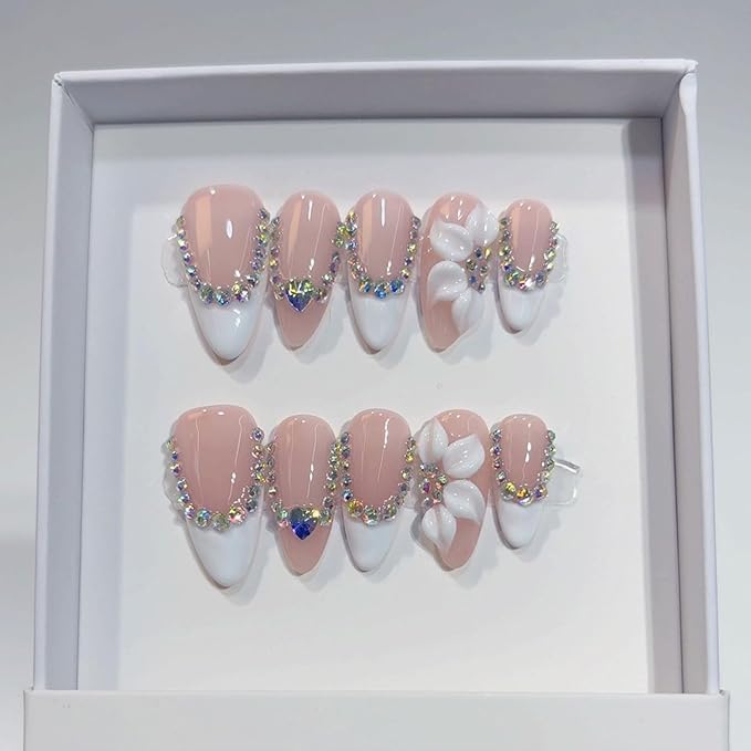 Handmade Press On Nails Almond White French Tip False Nails 3D Flower Design - Reusable Acrylic Fake Nails with Colorful Rhinestone Luxury Blossom Stick on Nail with Glue for Women (M)