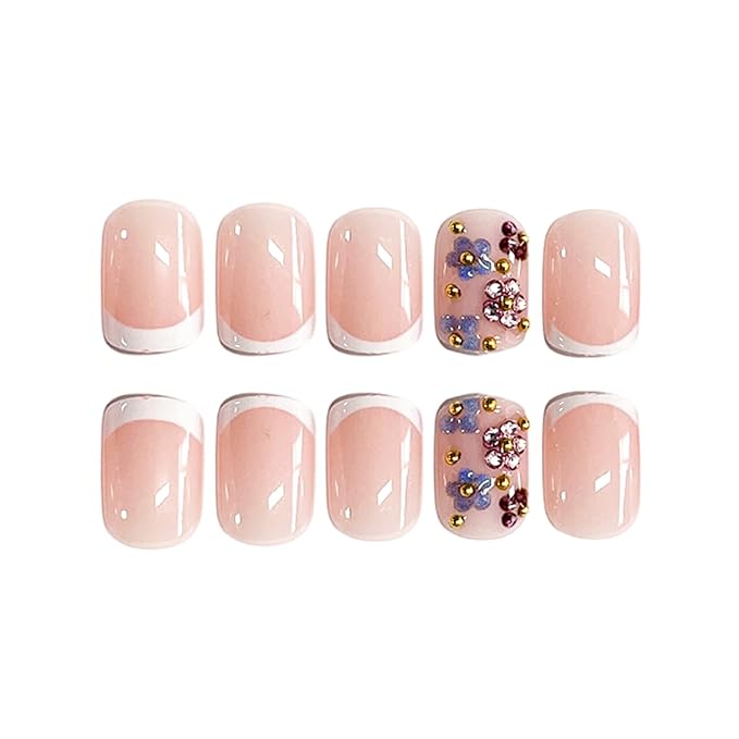 Press on Nails Short Square MABKJLF Fake Nail White French Tip False Nails with Rhinestones Flower Gold Ball Designs Glossy Glue on Nail Spring Full Cover Acrylic Nails for Women Girls 24Pcs