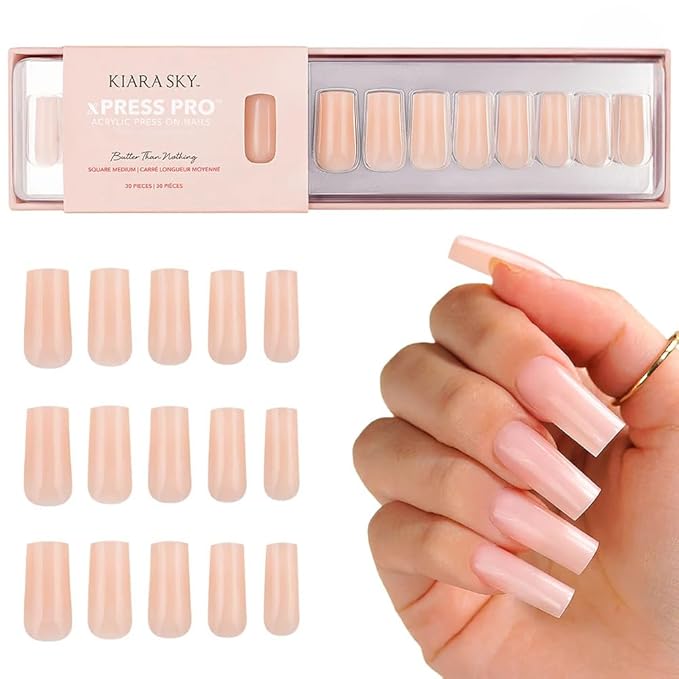 Kiara Sky Press On Nails | XPRESS PRO 100% Acrylic Nails | 30-Piece Kit Includes Nail Glue, Cuticle Pusher, File & Prep Pad | Square Medium - Butter Than Nothing