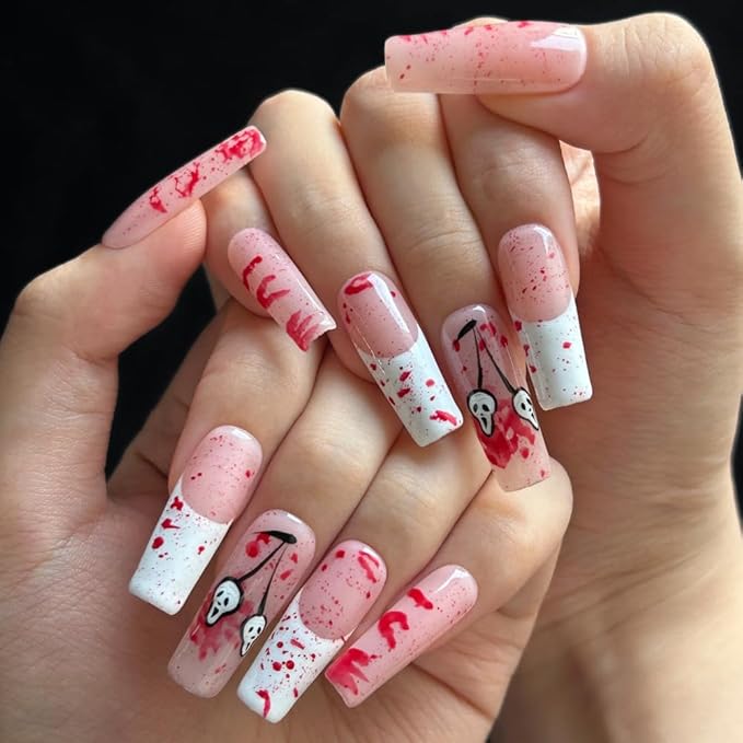 Press On Nails - Handmade Long Square French Tip Fake Nails, Horror Blood Ghost Drop Design, Full Cover Reusable Artificial Ghost False Nails for Women 10 Pcs Acrylic Nails Kit (Size M)
