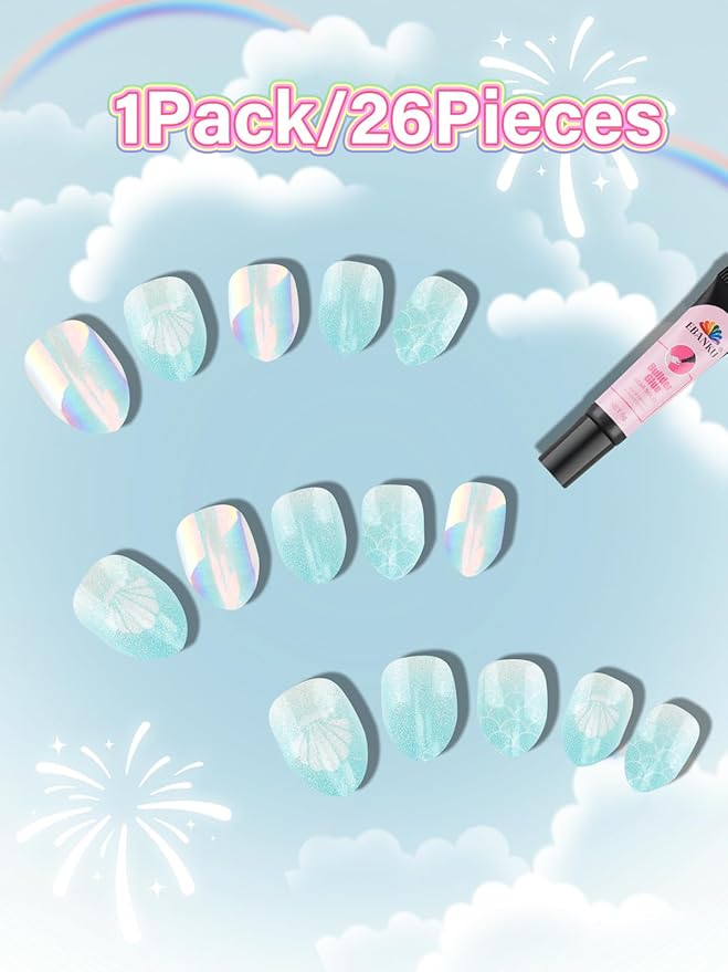 EBANKU 1 Pack Kid Fake Nail Kit, 24 Pieces Press on Nails for Kids Pale Blue Press on Nail Short Artificial False Nail Kits for Kids Girls