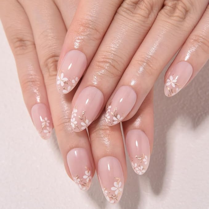 evpct 3D Nude Pink Press on Nails Short Almond with Gold White Flower Design, Short Almond Stick on Nails for Women Gift with Kit, Reusable Soft Gel Acrylic Press on Fake Nail with Floral Design