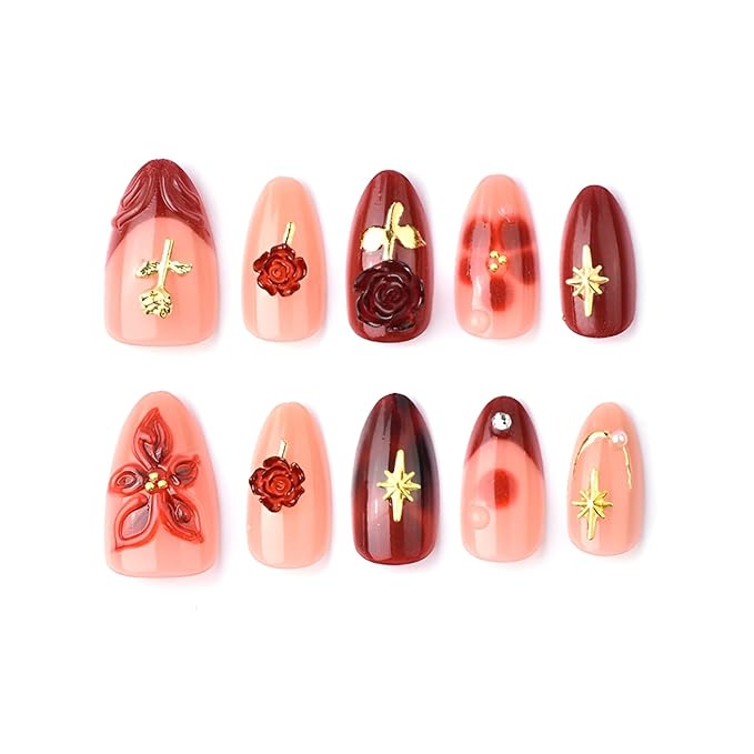 30Pcs Valentines Fake Nails Medium Almond Press on Nails 3D Flower Nails Press Ons wih Rose Design French Tip Glue on Nail Star False Nails Glossy Stick on Nail for Women Decoration Set