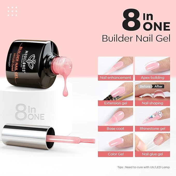 modelones Builder Nail Gel Polish Set, Base Colors 8-in-One Jelly Nude Pink Clear Builder Nail Gel for Nails Strengthener Hard Extension Rubber Lamp Cured 6 Colors