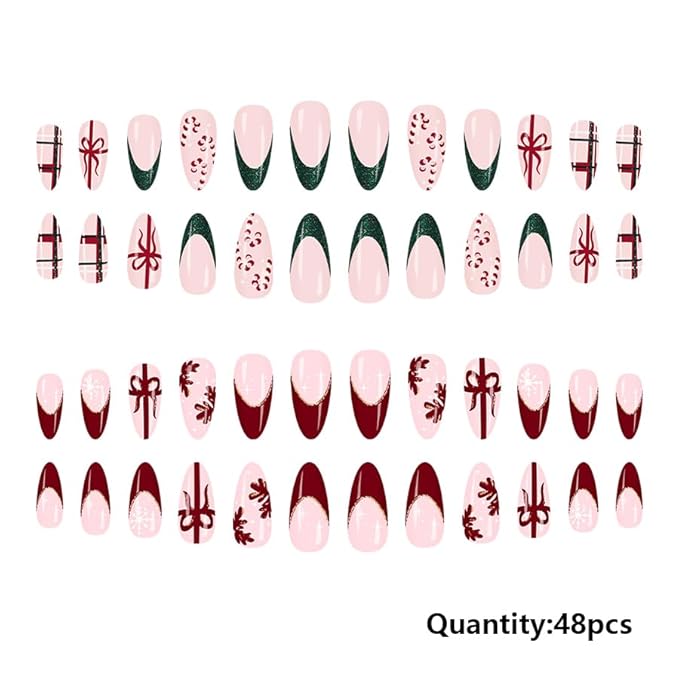 2 Packs 48Pcs Christmas Press on Nails Short Almond Fake Nails Red Snowflake Acrylic Candy Stripe Glitter Designs French Tip Nails Winter Xmas Glue on Nails Kid Set for Women Girls Decoration