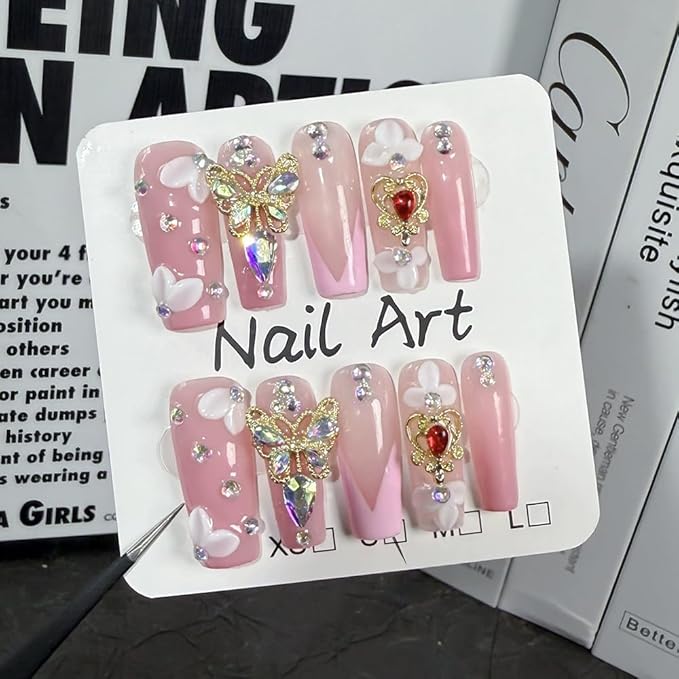 Handmade Press on Nails Long Coffin Fake Nails with 3D Butterfly Rhinestones Designs False Nail Pink Sparkly Acrylic Nails French Tip for Women 10pcs (Size M）