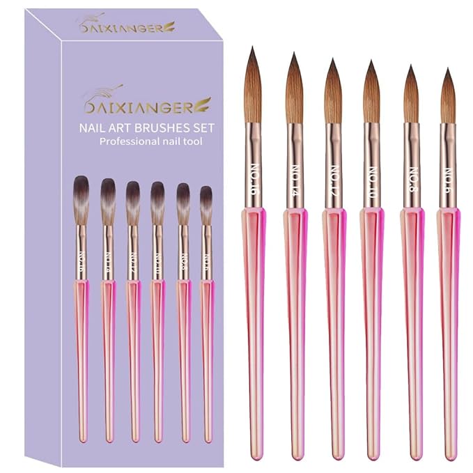 6Pcs Acrylic Nail Brush Set, Size 6/8/10/12/14/18 - Professional Nail Brushes for Acrylic Application Powder & Nail Extension, 3D Nail Carving Tools for DIY Home Salon Manicure-Pink