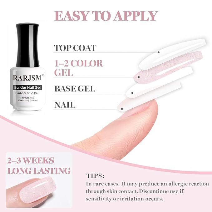 RARJSM Nude Pale Pink Rainbow Glitter Rubber Base Coat Gel Nail Polish Natural Skin Tone Iridescent Shimmer Brush on Extend Jelly Gelpolish Soak Off Curing Requires 15ml Salon Home French Manicure