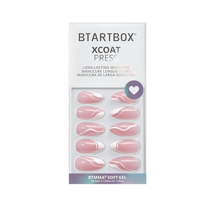 BTArtbox Press On Nails Medium - Soft Gel French Tip Press On Nails, Almond Glue On Nails with Nail Glue, Reusable Stick On Nails in 15 Sizes, White Swirl