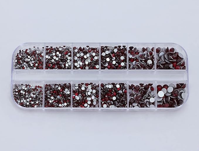 Over 2100 Pieces Red Ruby Garnet Flat Back Glass Rhinestones Crystals for Nail Art Kit 6 Sizes (1.4mm - 4.8mm)
