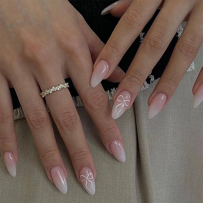 Press on Nails Almond White Gradient French Fake French Fake Nails Reusable Nail Kit with Glue Adhesive Tabs Mini Nail File for Women Manicure Nail Art Decoration 24PCS