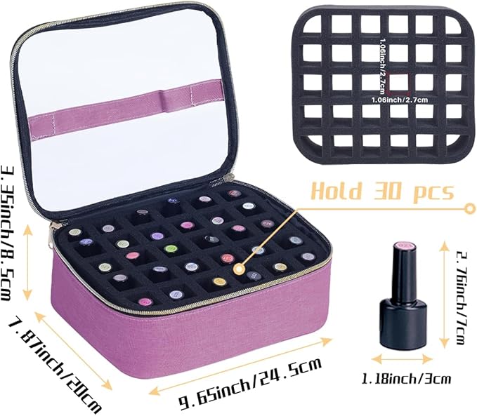 Small Clear Nail Polish Case Holds 30 bottles(15ml-0.5fl.oz) Nail Polish Organizer Multifunctional Nail Polish Bag organizer, Cosmetic Travel Makeup Cases for Women, Purple