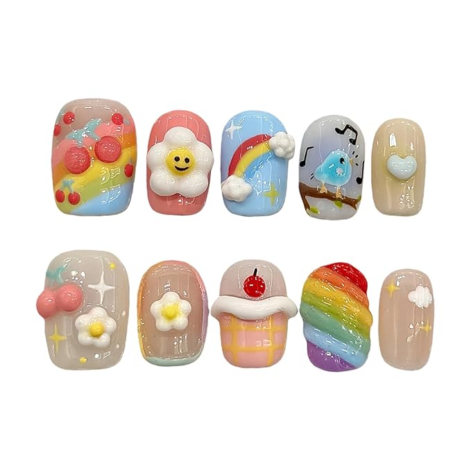 Rainbow Cartoon Press on Nails Short Square - 5D Embossed Sunflower & Mini Colorful Charms Design, Cute False Nails for Women and Girls(Cartoon Drawing,L)