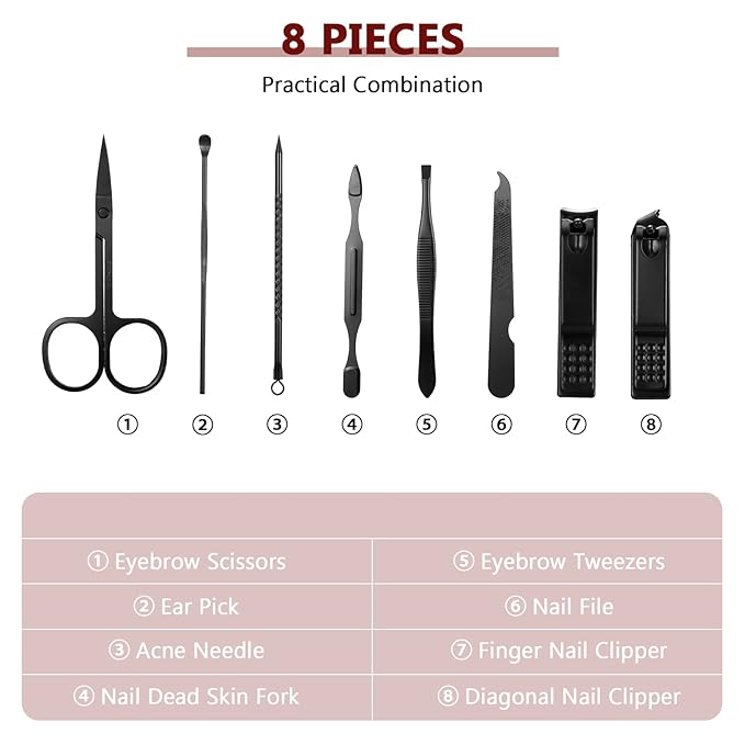 Hanaive 6 Set Manicure Set 48Pcs Nail Clippers Pedicure Kit 8 in 1 Stainless Steel Grooming Kit Professional Nail Care Tools with Luxurious Travel Case for Men Women Gift(Black, Red)