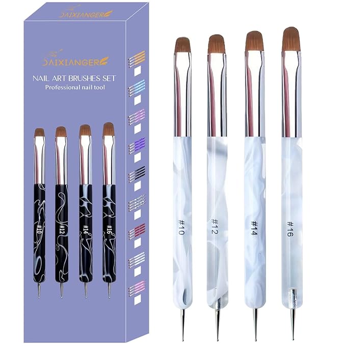 4Pcs French Tip Brush, Double-Ended French Brushes for Nails with Dotting Tool, Clean Up Brush for Gel Nail Polish, Size 10/12/14/16, Acrylic Nail Art Brushes, Manicure Tools for Nail Design-Silver