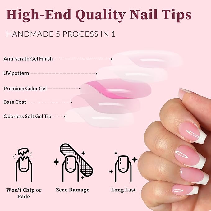 240PC White French Tip Press on Nails Short Fake Nails Press ons with 5*Adhesive Tabs, Pink Coffin Acrylic Nail Press on Nail French Tip Nails False Artificial Fingernails Stick on Nails-B