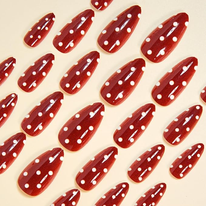 Press on Nails Medium Almond MABKJLF Fake Nails Red False Nails with White Polka Dots Designs Full Cover Glossy Glue on Nail Acrylic Nails for Women Girls 24Pcs