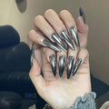 24pcs Silver Chrome Press On Stiletto Glossy Mirror Full Cover Acrylic Ballerina Glue On Almond Shape False Nails for Women & Girls