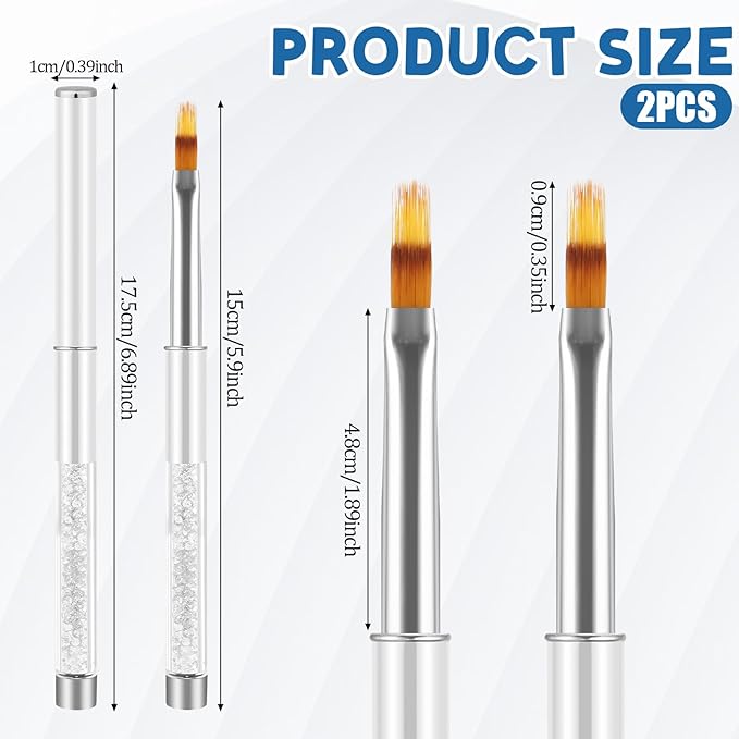 2 Pcs Nail Ombre Brush Nail Gradient Painting Brush Nails Art Brushes Manicure Tools with Rhinestone Handle UV Gel Polish Drawing Pen for Nails Design