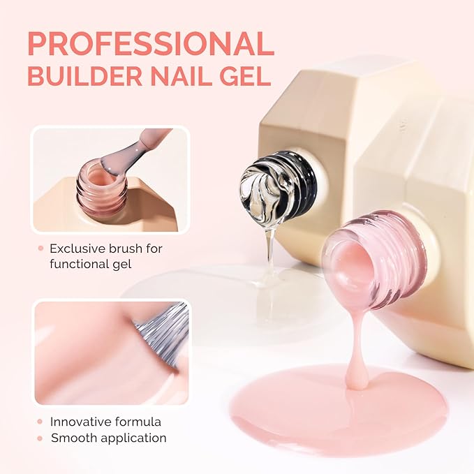MelodySusie 2PCS 15ML Clear Nude Pink Builder Nail Base Gel for Nails Thickening,Soak Off UV Extension Gel,Rhinestone Glue in a Bottle for Nail Art Design Gift for Women Salon DIY Manicure at Home