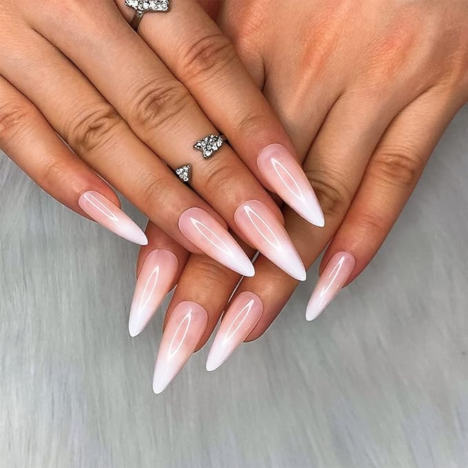 Morily 24pcs Fake Nails Matte Pure Color Medium Long Stiletto Almond Press on Nail False Tips Artificial Finger Manicure for Women (French Ombre)