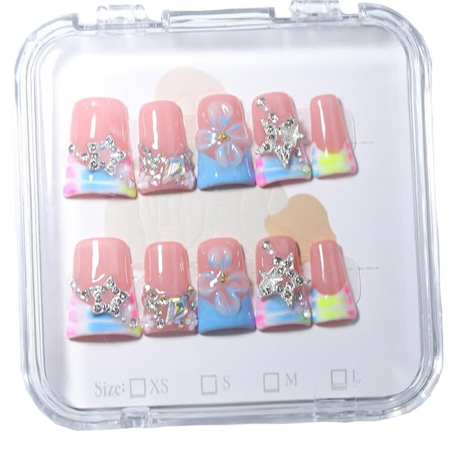 10Pcs Duck-shaped Handmade Press On Nails | French Style with 3D Floral & Rhinestone Decor | Easy to Apply, Remove & Reusable, Salon - Quality (251205, S)