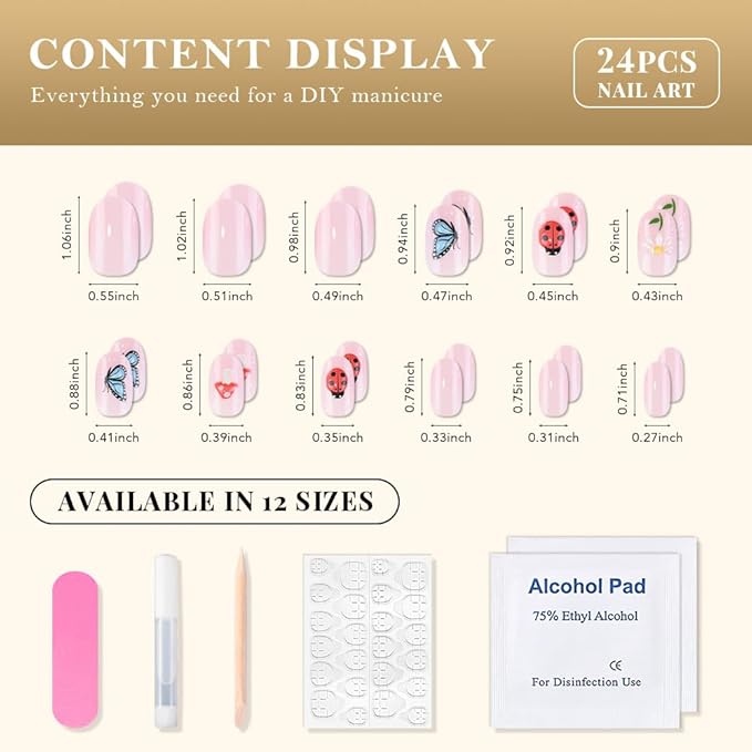 evpct Baby Pink Press on Nails Medium Oval, Glossy Artificial 3D Fake Nails Kit with Design, Spotted Ladybug & Butterfly & Mushroom & Flower, Stick on Nails with Nail Kit, Reusable Stick on Nail Kit