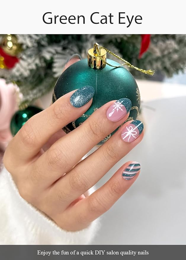 Semi Cured Gel Nail Strips (Green Cat Eye), Christmas Snowflake, Bow, 20 Pcs Gel Nail Wraps, Stickers, Long Lasting, Works with Any UV Lamps