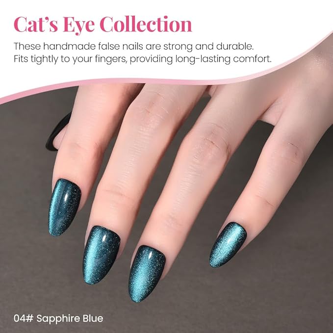 Cat Eye Press on Nails Short Almond, Sapphire Blue & Royal Blue Press on Nails Almond, Fashion Gel Fake Nails, Reusable Acrylic Fake Nails, Glossy Stick on Nails for Women, Glue on Nails Kit.