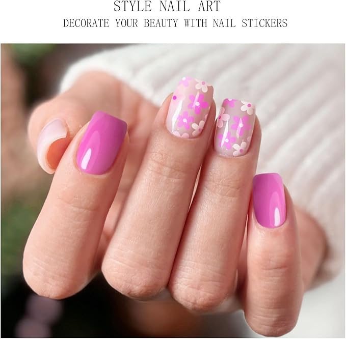 JMEOWIO Gel Nail Stickers Pink Flower Transparent Semi Cured Gel Nail Strips Wraps UV/LED Nails Art Design Decoration Accessories