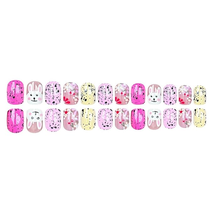 Easter Press on Nails Colorful Flower Fake Nails Glossy Pink False Nail with Cute Bunny Designs Short Square Acrylic Nails Full Cover Stick on Nail for Women Girls Easter Manicure 24 Pcs