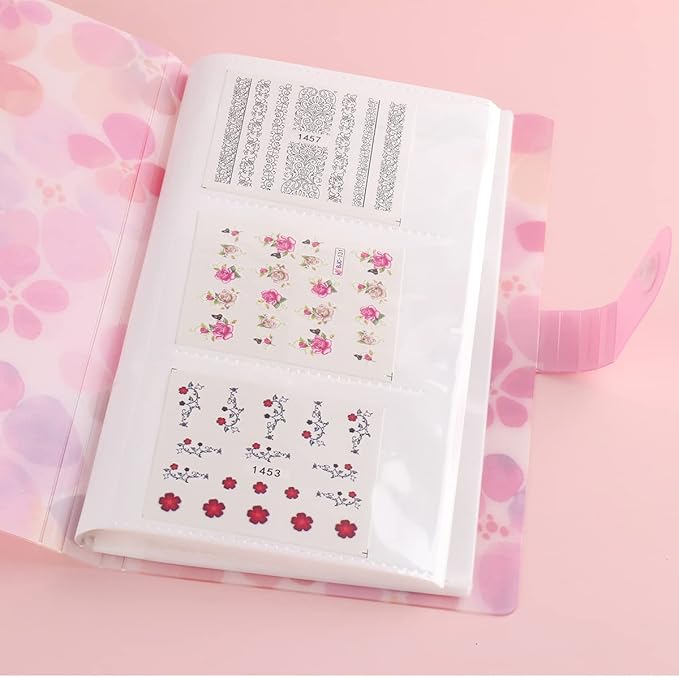 120 Slots Nail Stickers Storage Book Empty Nail Stickers Album Holder Photo Collection Book Water Decals Display Showing Shelf Binder Stencils Collecting Card Case Manicure Tools (Pink Flowers)
