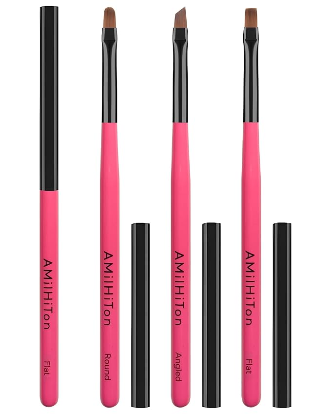 3PCS Nail Clean-Up Brushes, Round/Angled/Flat, Acetone-Resistant Cuticle Polish Remover for Nail Art & Manicures（Rose Red）
