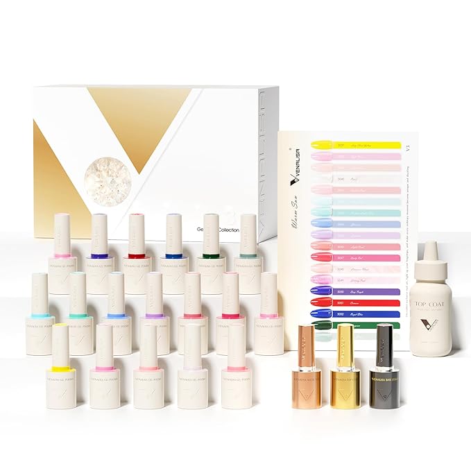 VENALISA V3 22 Pcs 10 ML Gel Nail Polish Set with Color Card, Pink Blue Red Green Purple Gel Polish Glitter Color Nail Art Starter Manicure Salon DIY at Home