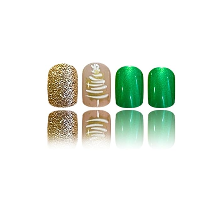 Christmas Press on Nails Short Square Fake Nails Christmas Tree False Nails Gold Glitter Full Cover Stick on Nails Winter Xmas Acrylic Nail for Women Manicure Nail Decoration