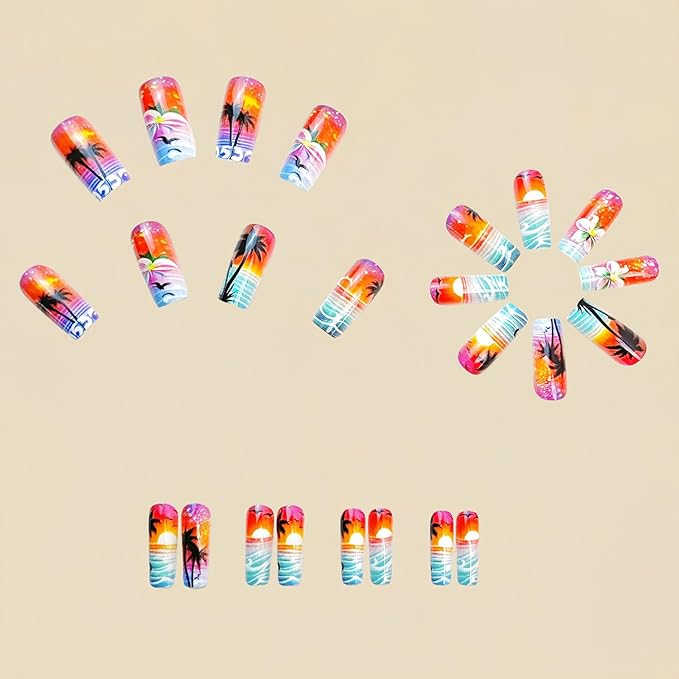 Waves French Tip Press On Nails, Medium Long Square Acrylic False Nails, 24 Pcs/Box, Multicolor, Summer Sea Pattern, Glossy Finish, Kit, Full Well Tips