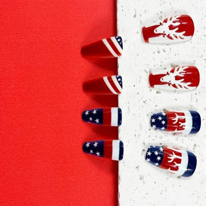 Independence Day Press on Nails Medium Coffin Fake Nails with Elk Design Red Blue Striped False Nails Star Christmas Glue on Nail Glossy Summer 4th of July Stick on Nail for Women Manicure 24Pcs