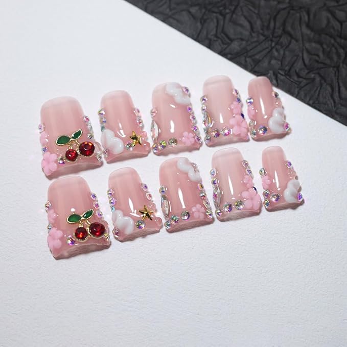 10Pcs Duck-shaped Handmade Press On Nails | French Style with 3D Floral & Rhinestone Decor | Easy to Apply, Remove & Reusable, Salon - Quality (25103, S)