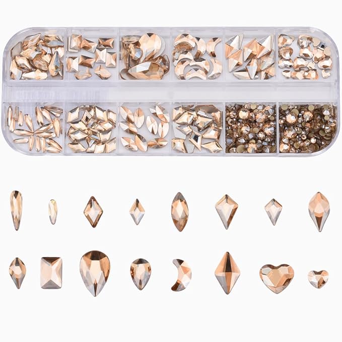 153pcs 3D Nail Diamonds Crystal Golden Shadow Flat Back Gem Stones for Nail Art Decoration + 960pcs Mix Loose Round Rhinestones Set Supply