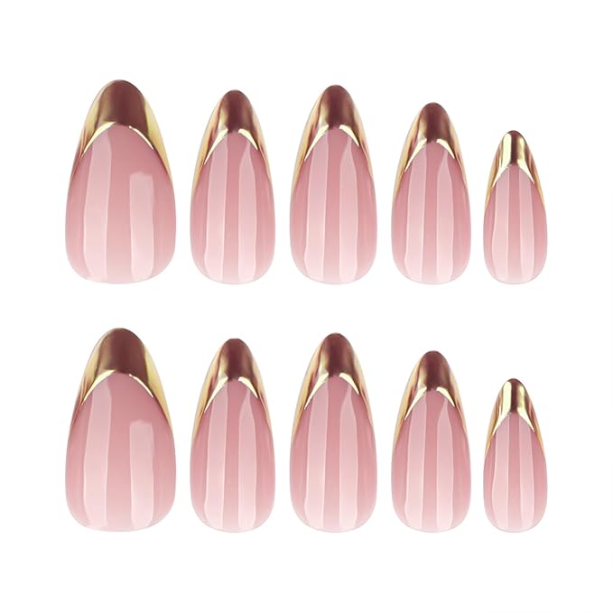 French Almond Press On Nalis Medium, Nude Fake Nails with Elegant Gold-Edged French Tip Design, Glossy Gel Finish Acrylic Nails, Reusable Glue On Nails for Women, Natural Stick On Nails Kit