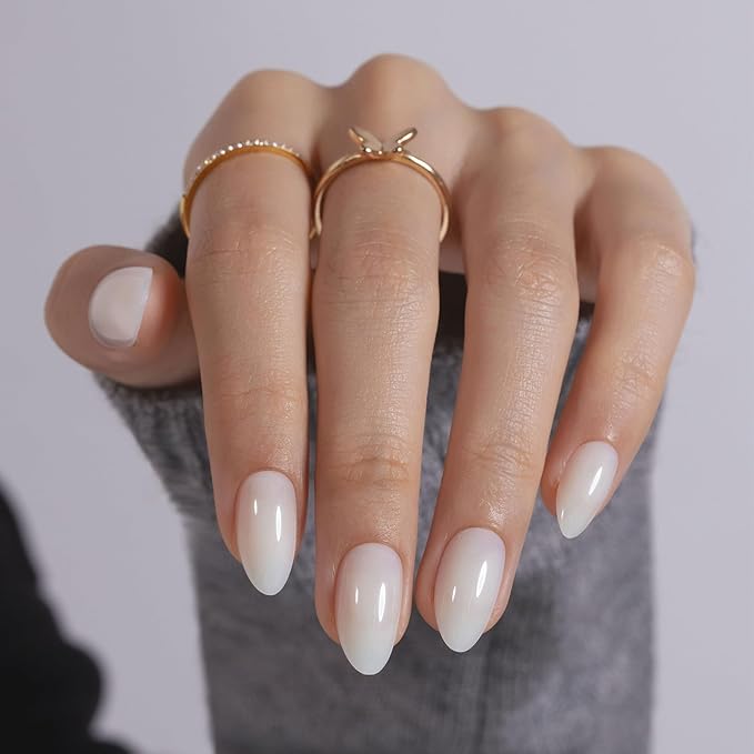 White Press on Nails Short - SHANGMENG Soft Gel Almond Press on Nails for Women Gift, Fit Perfectly & Natural Glue on Nails in 16 Sizes - 32 Reusable Fake Nails with Glue, Milky White