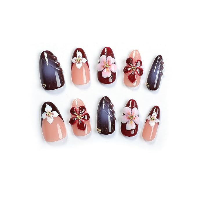 Flower Press on Nails Handmade Press on Nails 3D Floral Embossed and Golden Steel Ball Designs Medium Almond Fake Nail French False Nails Thick Acrylic Nail Stick on Nails for Women（Size S)